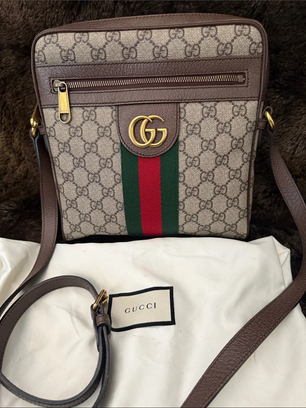 Gucci Beige GG Supreme Crossbody with Brown Trim and Red/Green Web